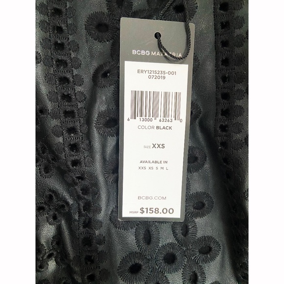 NWT BCBGMaxAzria Black Peplum Embroidered Faux Leather Top, Size XXS - Picture 6 of 6